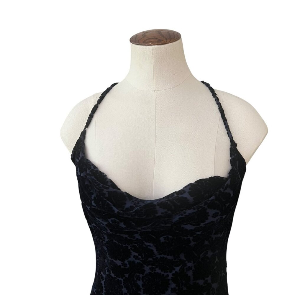 Vintage Velvet Burnout Slinky Cowl Maxi Gown Navy 4 Witchy Whimsygoth Vampire - Picture 5 of 14